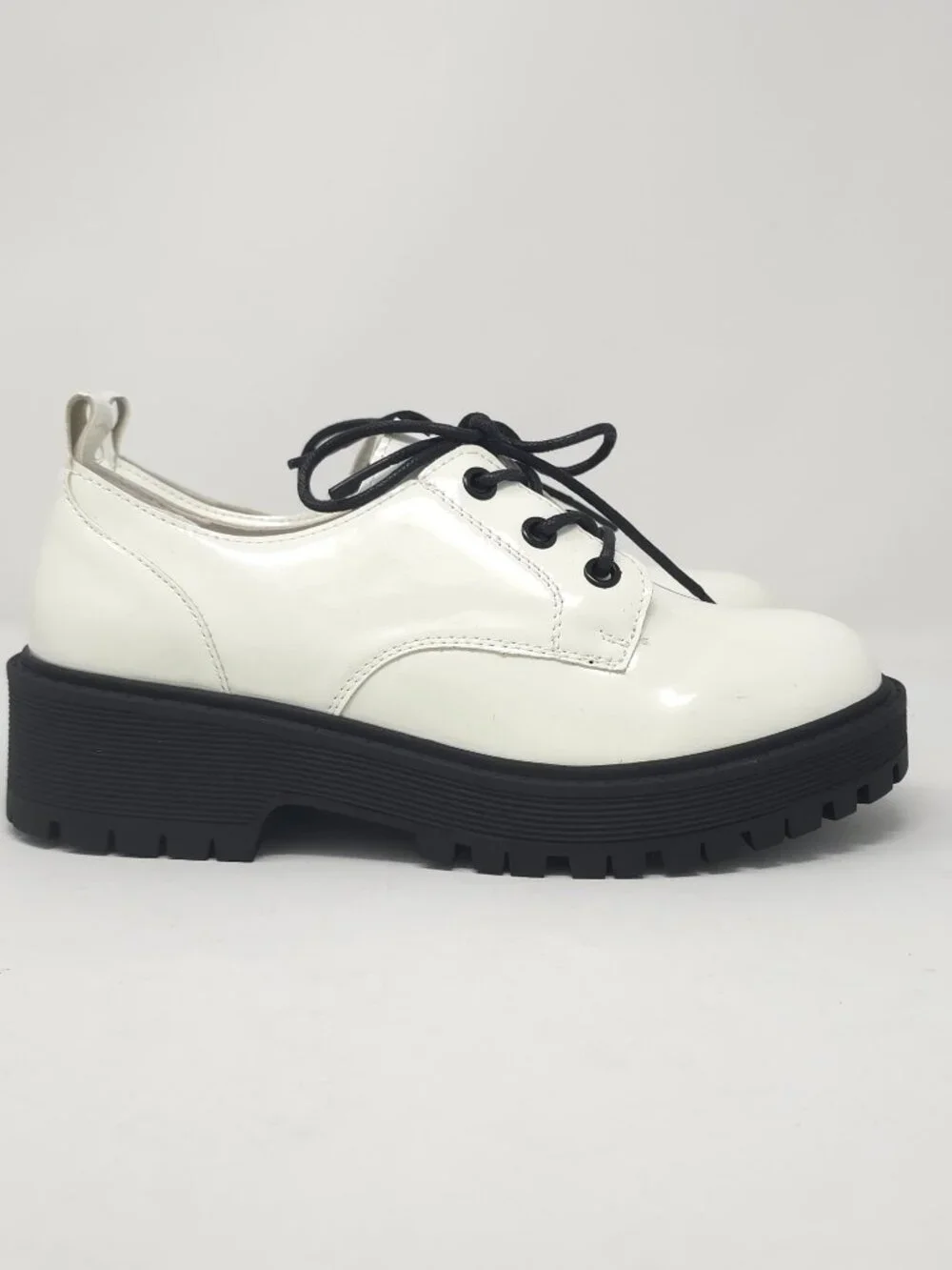 Chunky Platform Oxford Shoes Patent White Pat Trendy Lug Sole Lace Up - Picture 3 of 9
